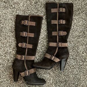 Women’s Sofft Long Brown Suede Boots Leather Straps Buckle Zip Closure 8.5